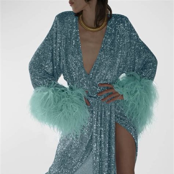 NERVI Mint Sequin Gown With Feather Trim - Picture 3 of 3